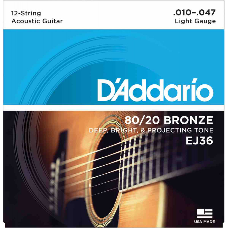 Jeu de 12 cordes guitare folk D'addario light 80/20 Bronze - EJ36