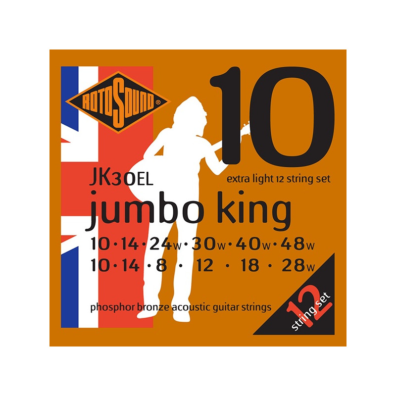 Rotosound JK30EL Jumbo king - Jeu de 12 cordes phosphore bronze guitare acoustique - Extra light