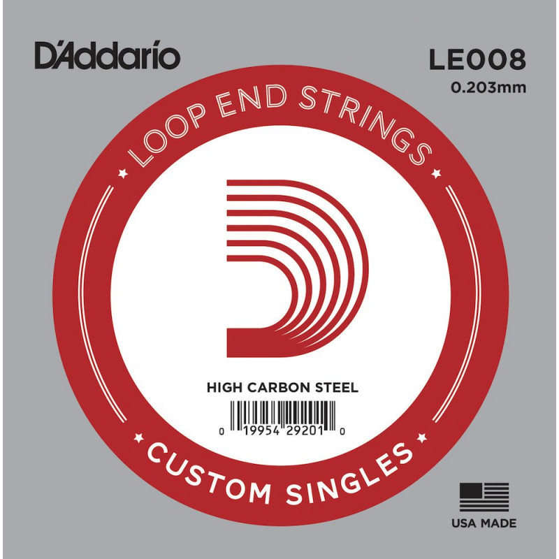 D'Addario LE008, .008 - Corde au détail à boucle – acier pur – guitare acoustique ou électrique