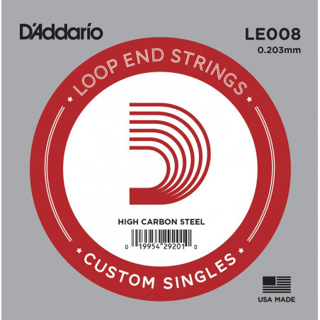 D'Addario LE008, .008 - Corde au détail à boucle – acier pur – guitare acoustique ou électrique