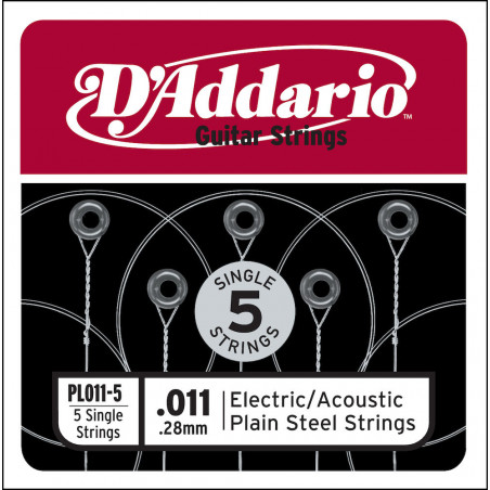 D'Addario PL011-5, .011 - Pack de 5 Cordes au détail acier pur – guitare