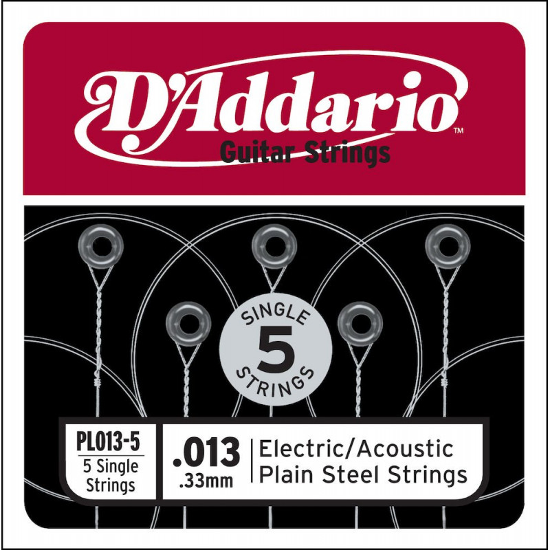 D'Addario PL013-5, .013 - Pack de 5 Cordes au détail acier pur – guitare