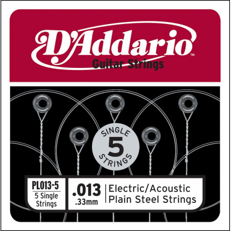 D'Addario PL013-5, .013 - Pack de 5 Cordes au détail acier pur – guitare
