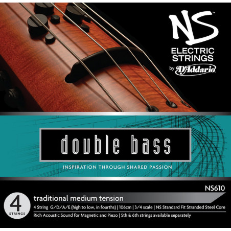 D'Addario NS610 - Jeu de cordes traditionnel contrebasse NS Electric, manche 3/4, Medium