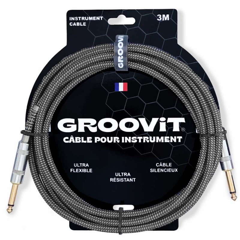 GROOVIT - Câble tressé jack-jack instrument droit/droit 3M Gris