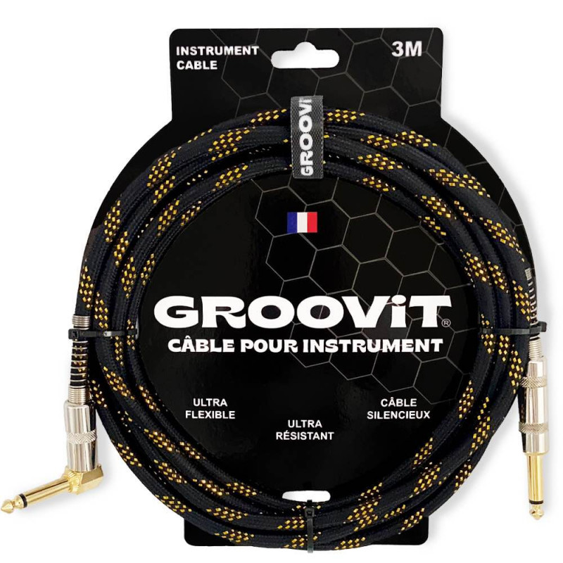 GROOVIT - Câble tressé jack-jack instrument droit/coudé 3M Noir/Or