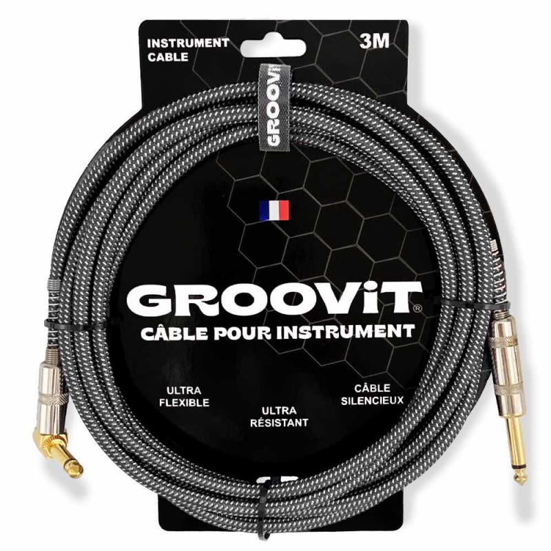 GROOVIT - Câble tressé jack-jack instrument droit/coudé 3M Gris