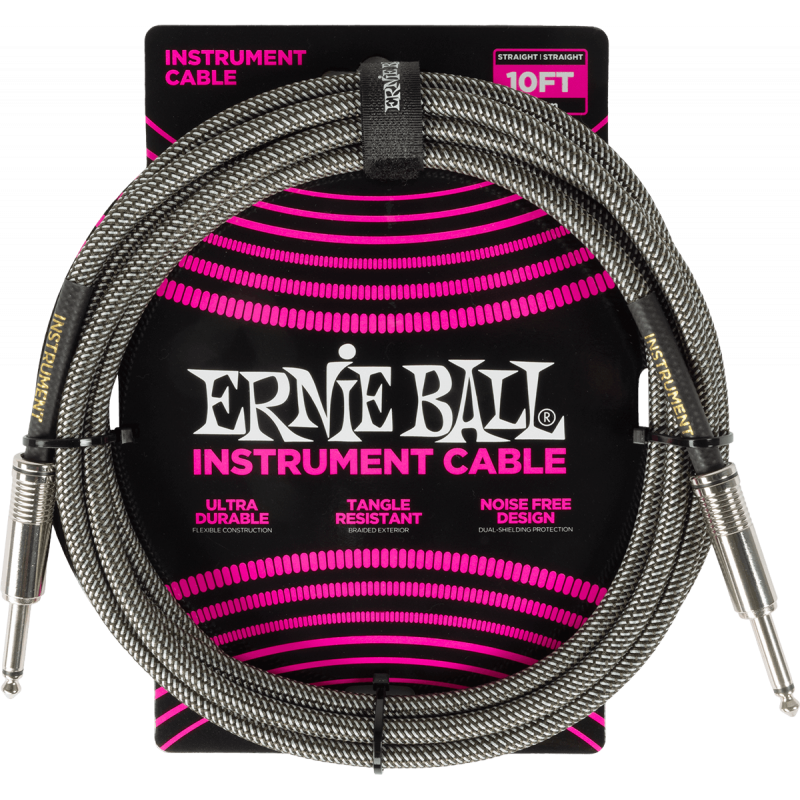 Ernie Ball 6429 - Câble instrument gaine tissée jack/jack 3m - Silver Fox