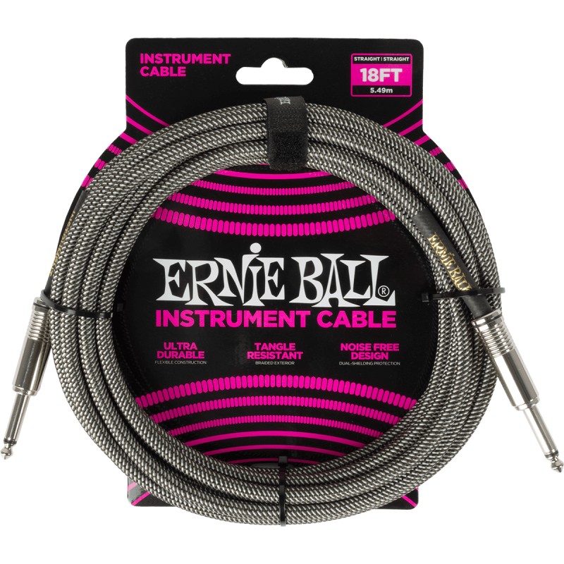 Ernie Ball 6433 - Câble instrument gaine tissée jack/jack 5,5m - Silver Fox