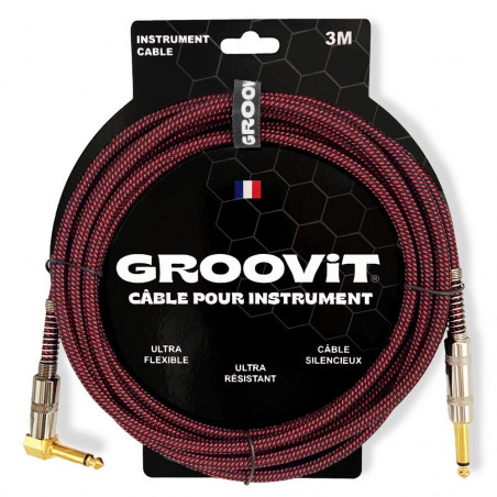 GROOVIT - Câble tressé jack-jack instrument droit/coudé 3M Rouge et noir