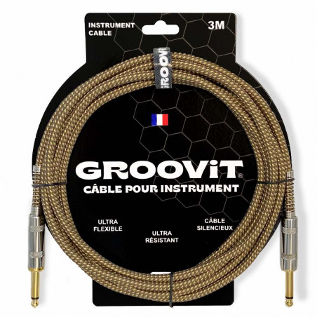 GROOVIT - Câble tressé jack-jack instrument droit/droit 3M  marron